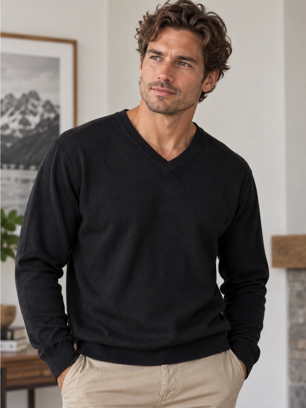 Pronto Uomo Black Cotton Cashmere V-Neck Sweater